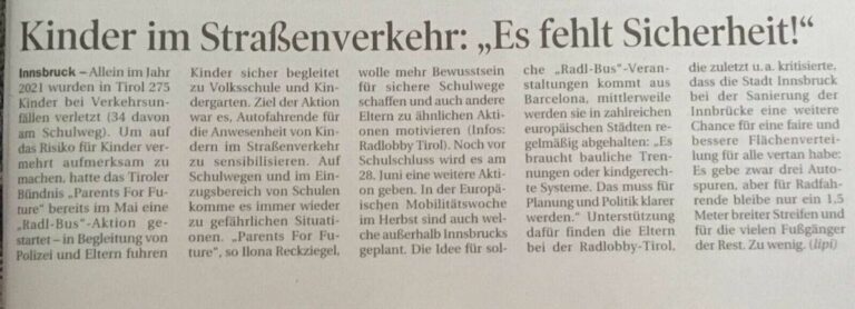 Read more about the article Die Tiroler Tageszeitung berichtet über die Radl-Bus-Aktion
