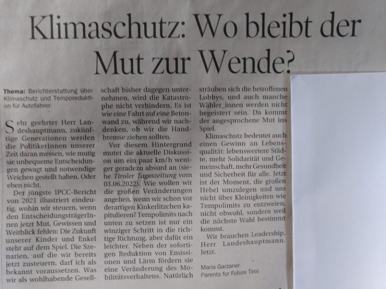 Read more about the article Leserbrief in der Tiroler Tageszeitung vom 14.6.22: Mehr Mut im Klimaschutz!