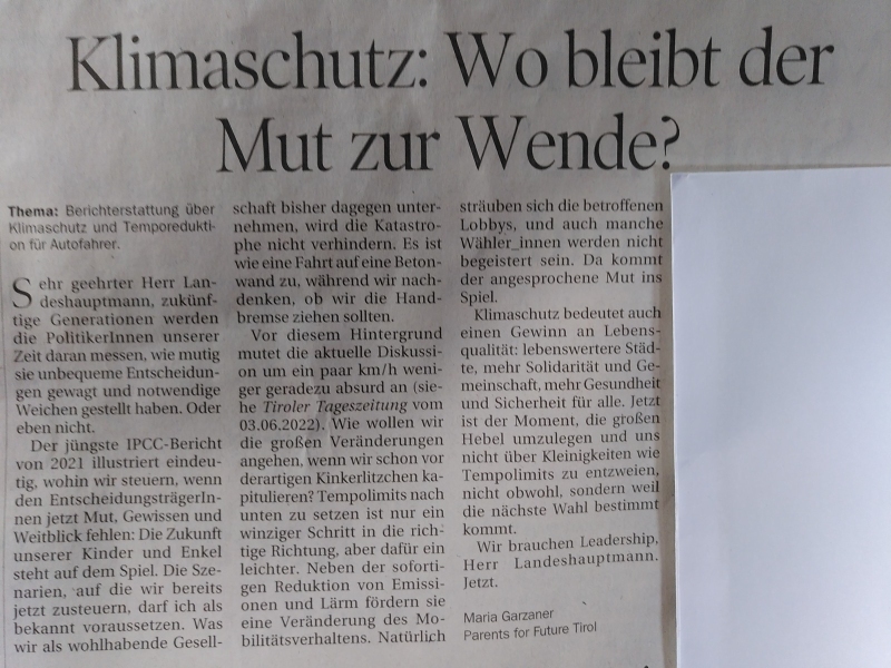 You are currently viewing Leserbrief in der Tiroler Tageszeitung vom 14.6.22: Mehr Mut im Klimaschutz!